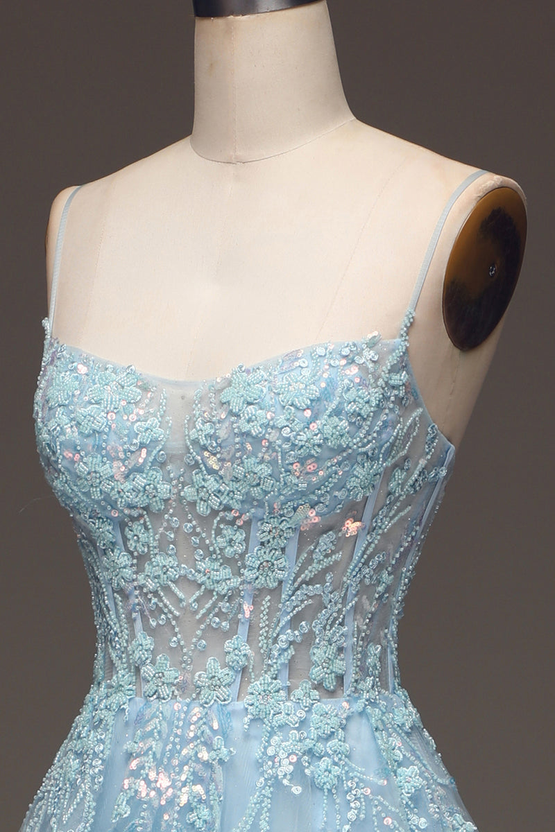 Load image into Gallery viewer, A Line Light Blue Long Prom Dress With Appliques