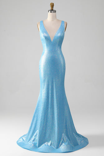 Glitter Blue Mermaid V Neck Long Prom Dress