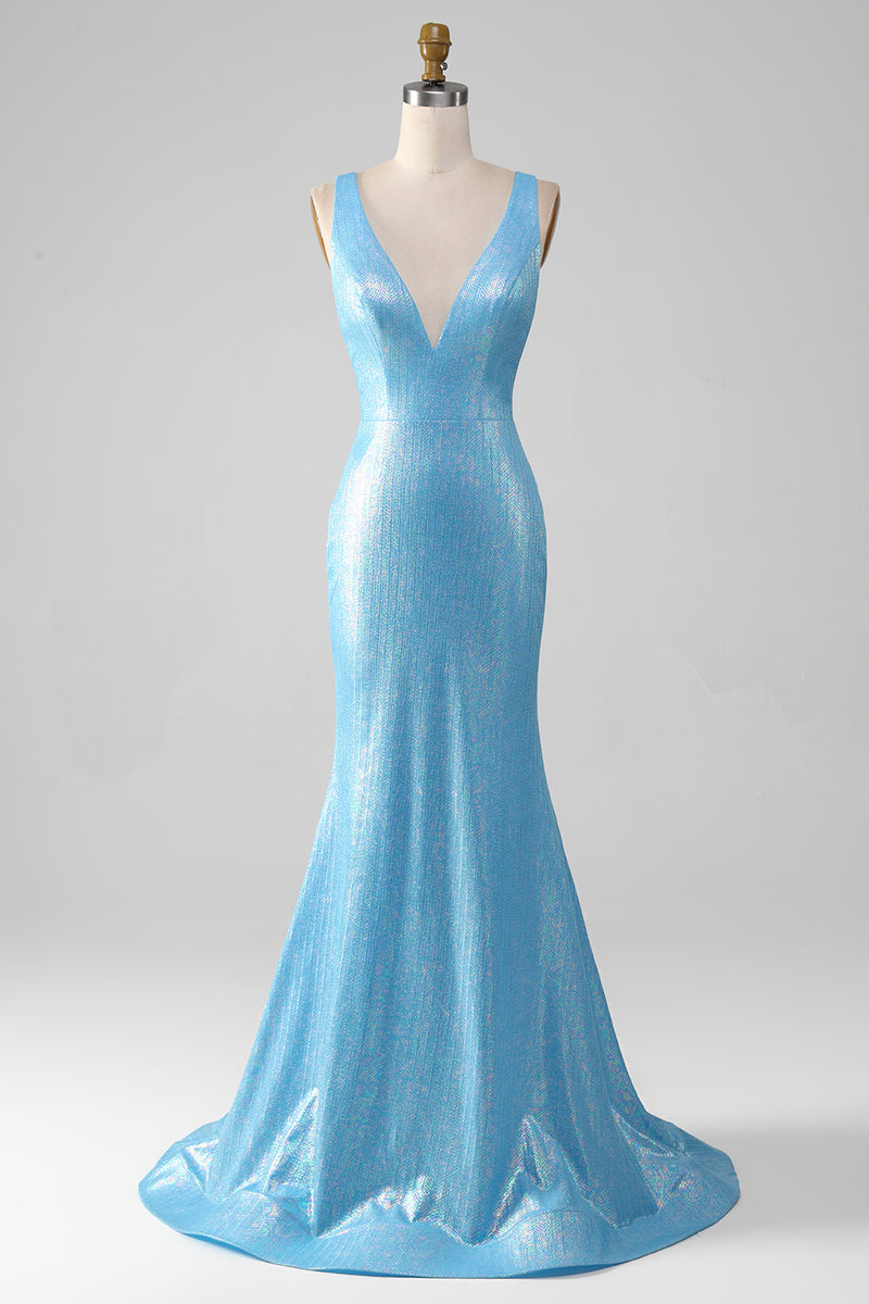 Load image into Gallery viewer, Glitter Blue Mermaid V Neck Long Prom Dress