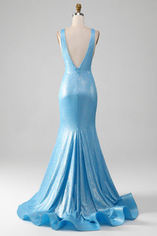 Glitter Blue Mermaid V Neck Long Prom Dress