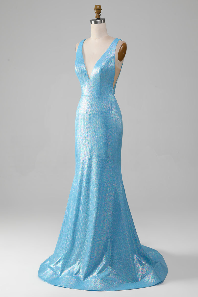 Load image into Gallery viewer, Glitter Blue Mermaid V Neck Long Prom Dress