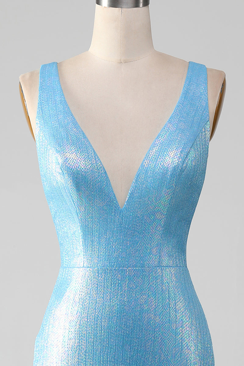 Load image into Gallery viewer, Glitter Blue Mermaid V Neck Long Prom Dress