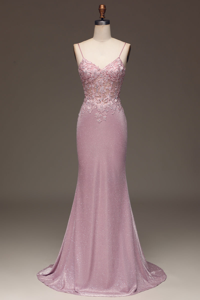 Load image into Gallery viewer, Glitter Blush Mermaid Long Corset Prom Dress With Appliques