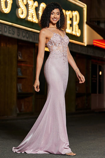 Sparkly Blush Mermaid Spaghetti Straps Long Prom Dress with Beading