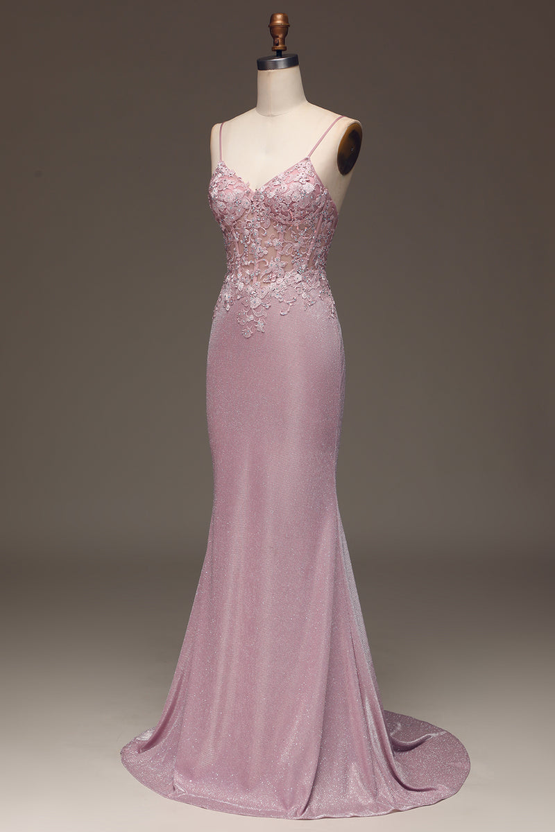 Load image into Gallery viewer, Glitter Blush Mermaid Long Corset Prom Dress With Appliques