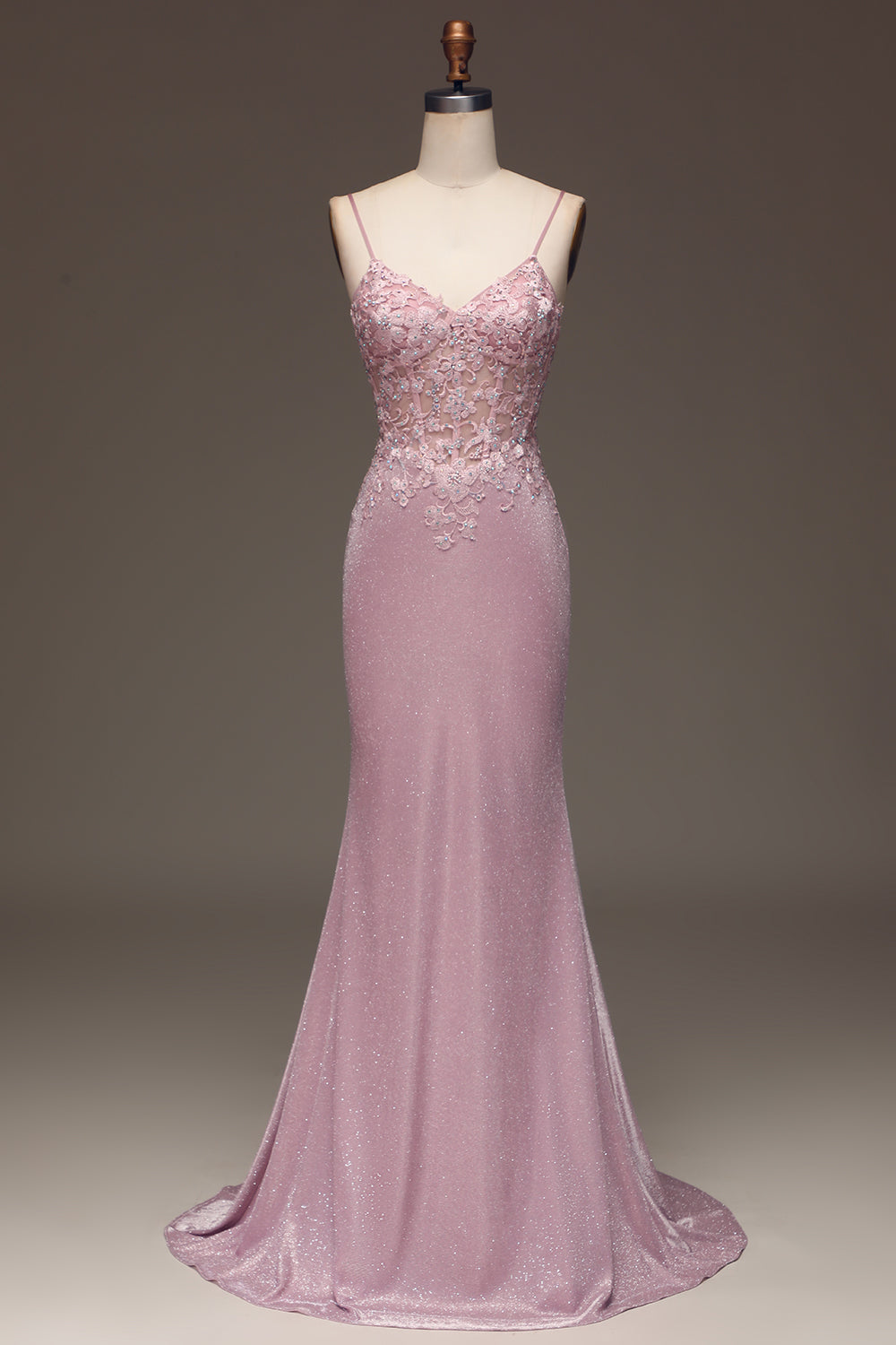 Sparkly Blush Mermaid Spaghetti Straps Long Prom Dress with Beading