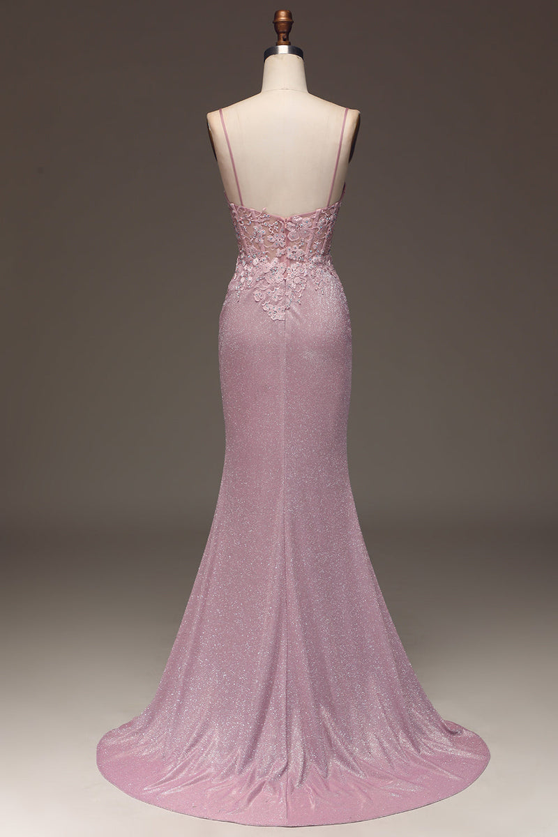 Load image into Gallery viewer, Sparkly Blush Mermaid Spaghetti Straps Long Prom Dress with Beading