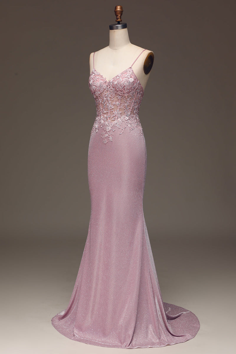 Load image into Gallery viewer, Sparkly Blush Mermaid Spaghetti Straps Long Prom Dress with Beading