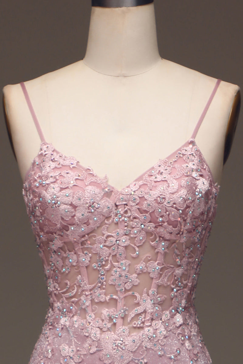 Load image into Gallery viewer, Sparkly Blush Mermaid Spaghetti Straps Long Prom Dress with Beading