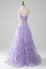 Load image into Gallery viewer, A Line Spaghetti Straps Purple Long Prom Dress With Appliques