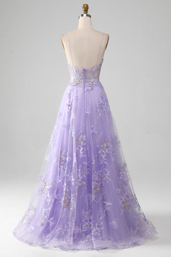 A Line Spaghetti Straps Purple Long Prom Dress With Appliques