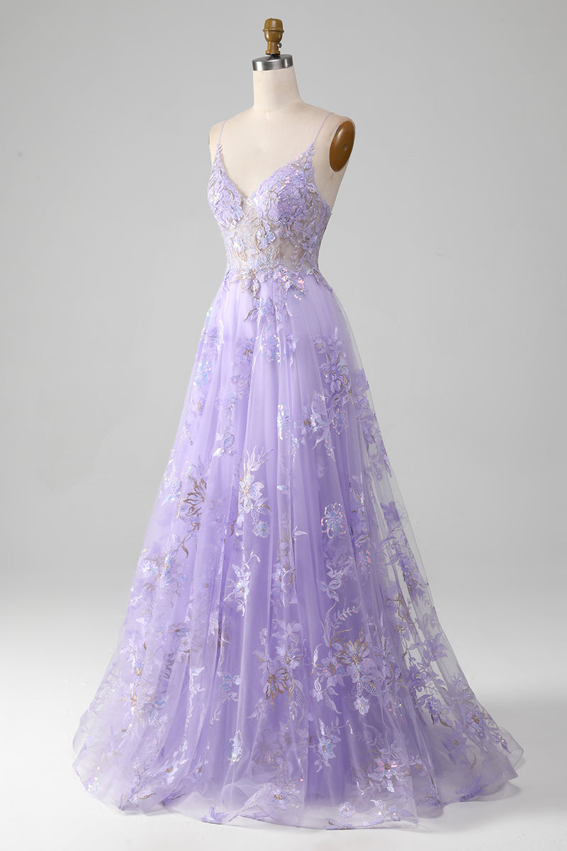 Load image into Gallery viewer, A Line Spaghetti Straps Purple Long Prom Dress With Appliques