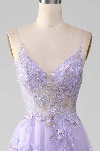 A Line Spaghetti Straps Purple Long Prom Dress With Appliques