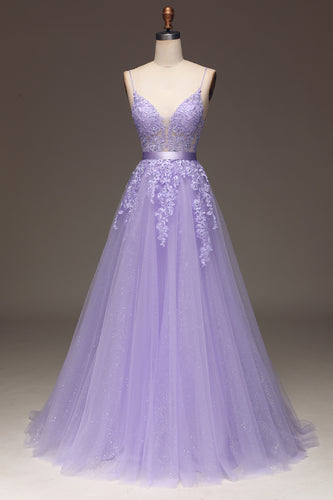 Princess Purple Long Appliqued Prom Dress With Sash