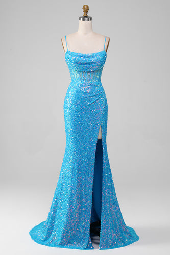 Glitter Blue Mermaid Long Prom Dress With Slit