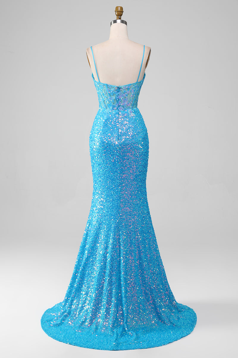 Load image into Gallery viewer, Glitter Blue Mermaid Long Prom Dress With Slit