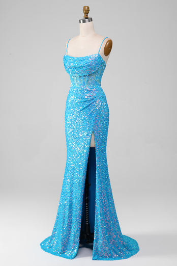 Glitter Blue Mermaid Long Prom Dress With Slit