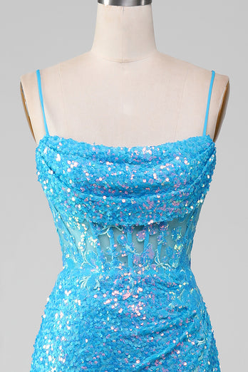 Glitter Blue Mermaid Long Prom Dress With Slit