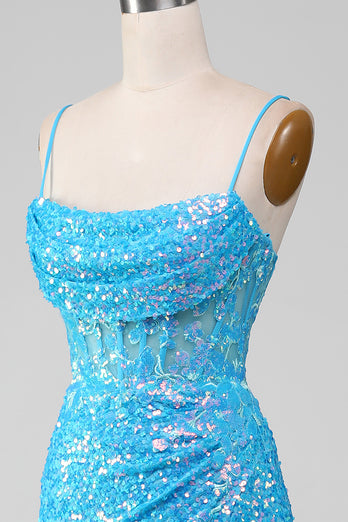 Glitter Blue Mermaid Long Prom Dress With Slit