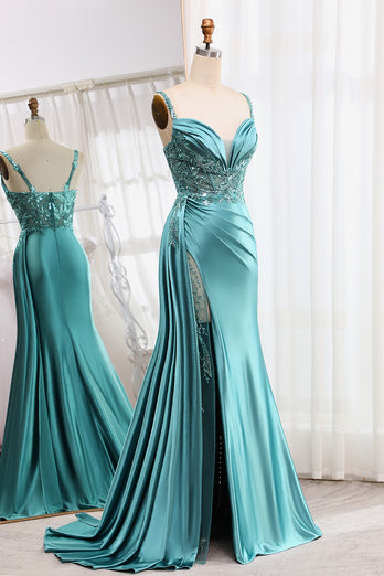 Blue Mermaid Spaghetti Straps Corset Prom Dress with Slit