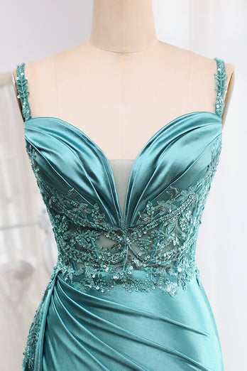 Blue Mermaid Spaghetti Straps Corset Prom Dress with Slit