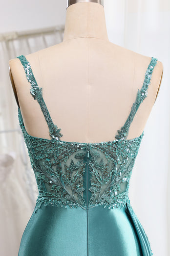 Blue Mermaid Spaghetti Straps Corset Prom Dress with Slit