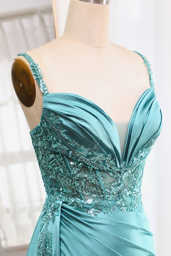 Blue Mermaid Spaghetti Straps Corset Prom Dress with Slit