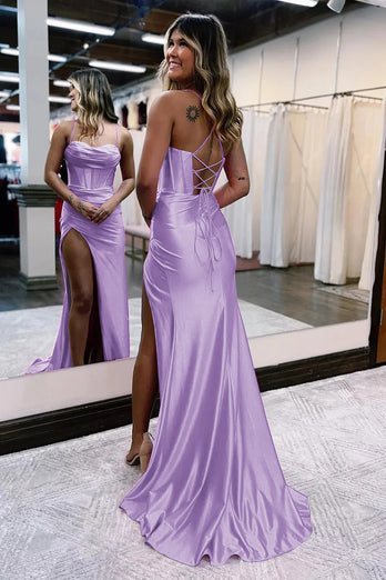 Golden Spaghetti Straps Satin Mermaid Prom Dress with Slit