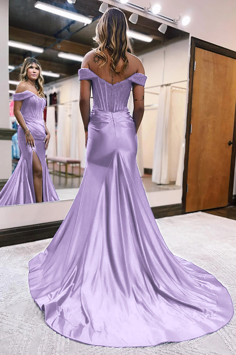 Load image into Gallery viewer, Mermaid Off The Shoulder Court Train Lilac Long Prom Dress With Split