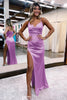 Load image into Gallery viewer, Hot Pink Satin V-Neck Simple Prom Dress with Slit