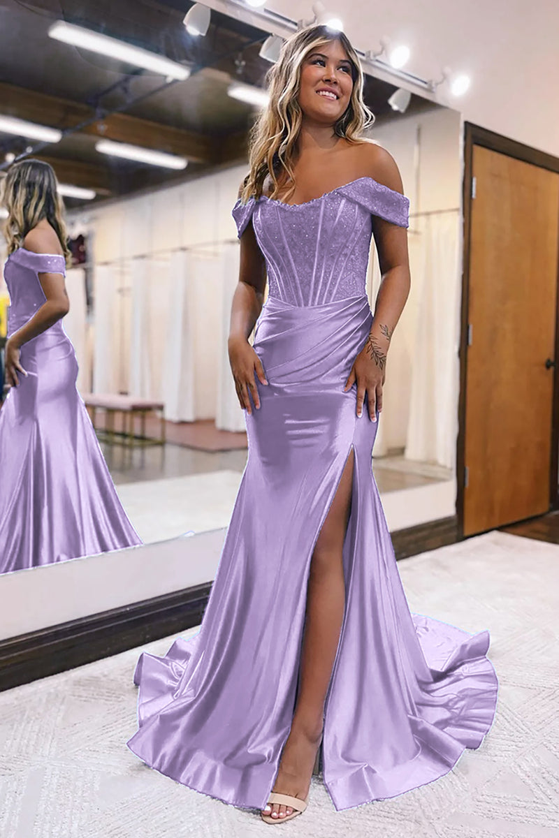 Load image into Gallery viewer, Mermaid Off The Shoulder Court Train Lilac Long Prom Dress With Split