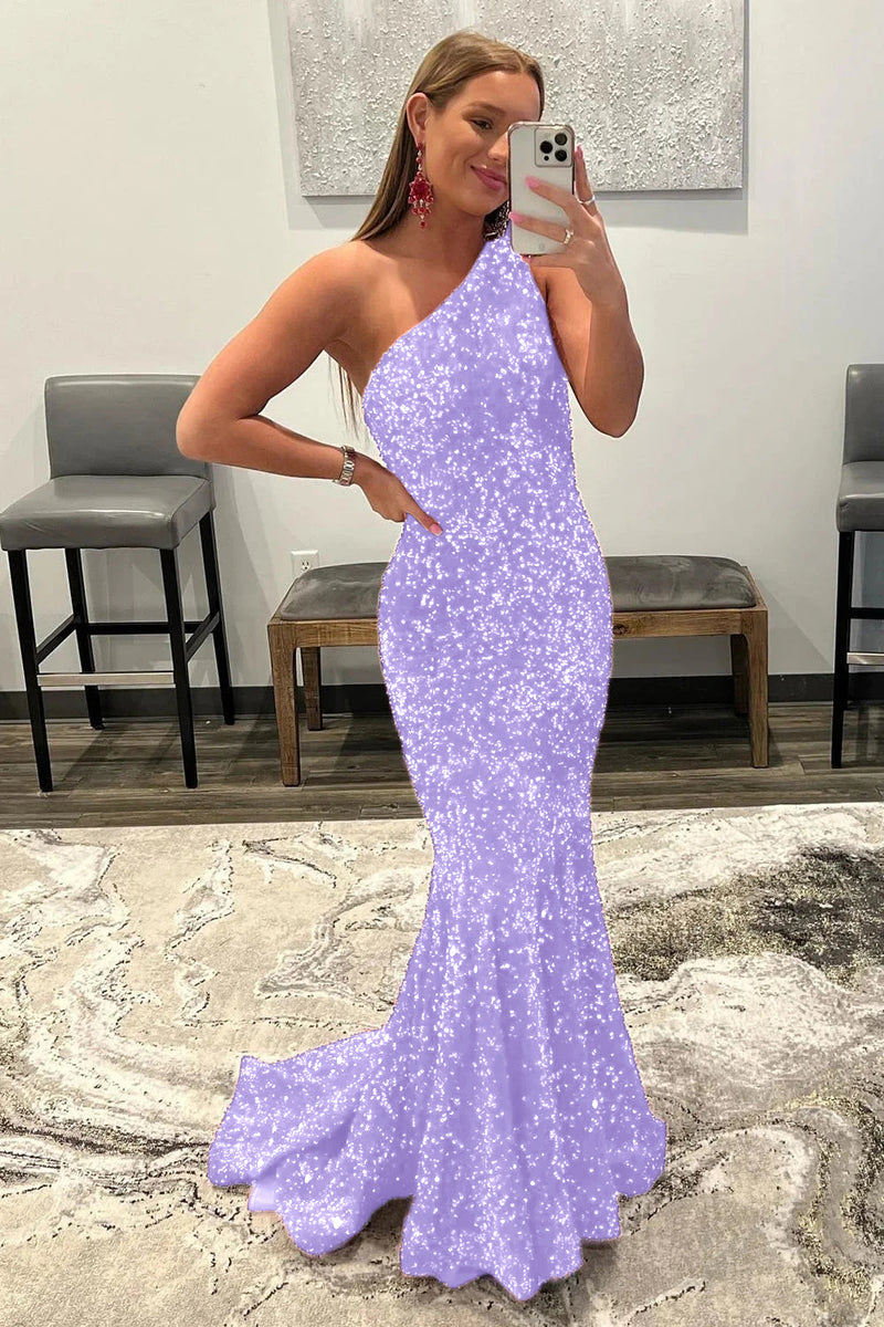 Load image into Gallery viewer, Coral Sequins One Shoulder Mermaid Long Prom Dress