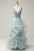 Load image into Gallery viewer, A Line Deep V Neck Light Blue Prom Dress with Appliques