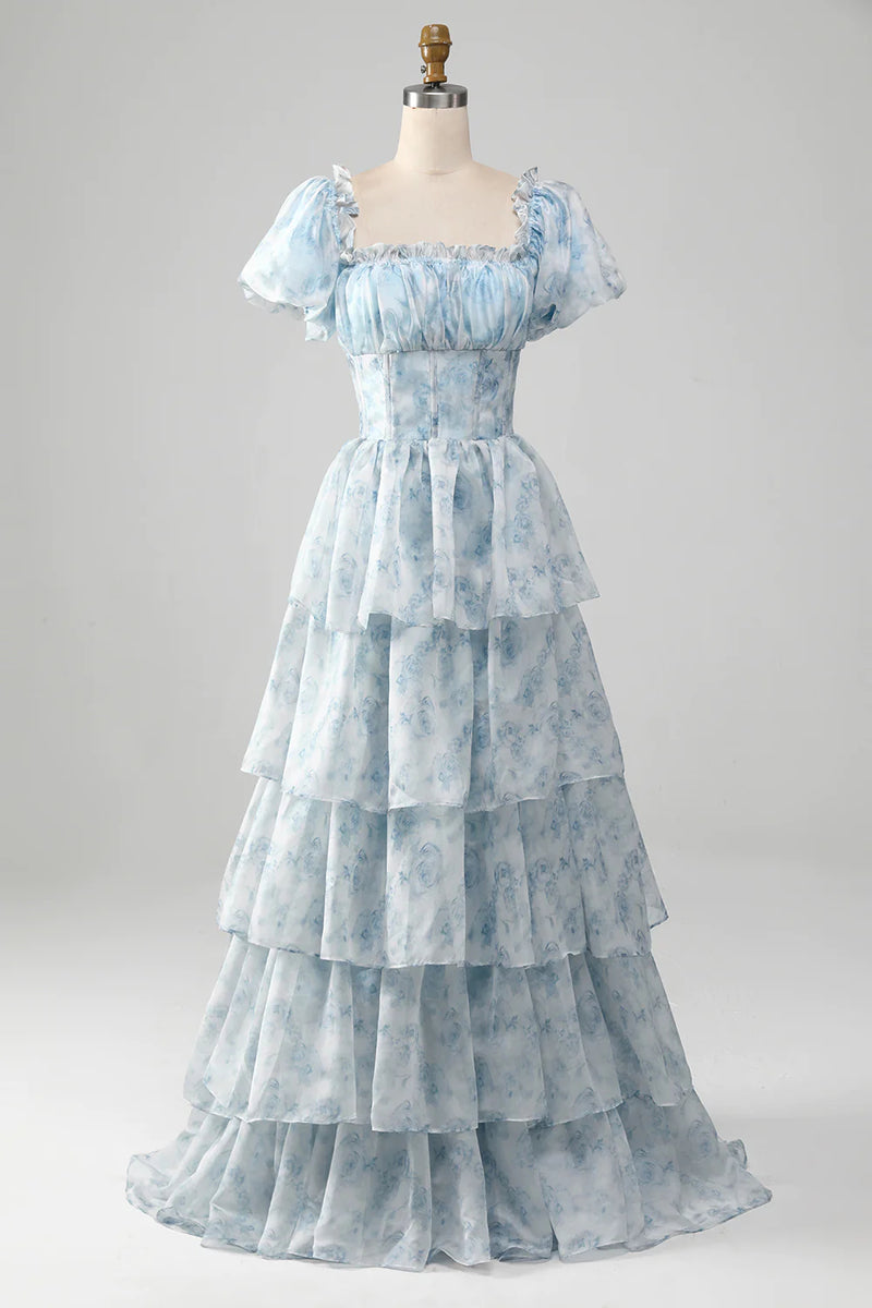 Load image into Gallery viewer, Light Blue A Line Floral Long Tiered Prom Dress With Short Sleeves