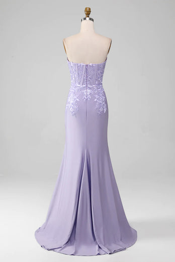 Lilac Mermaid Strapless Long Corset Prom Dress With Appliques