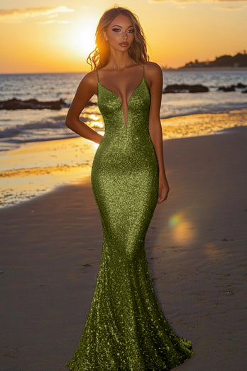 Sparkly Gold Strapless Mermaid Sequin Long Formal Dress