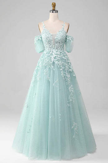 Mint Tulle A Line Appliqued Long Prom Dress With Slit