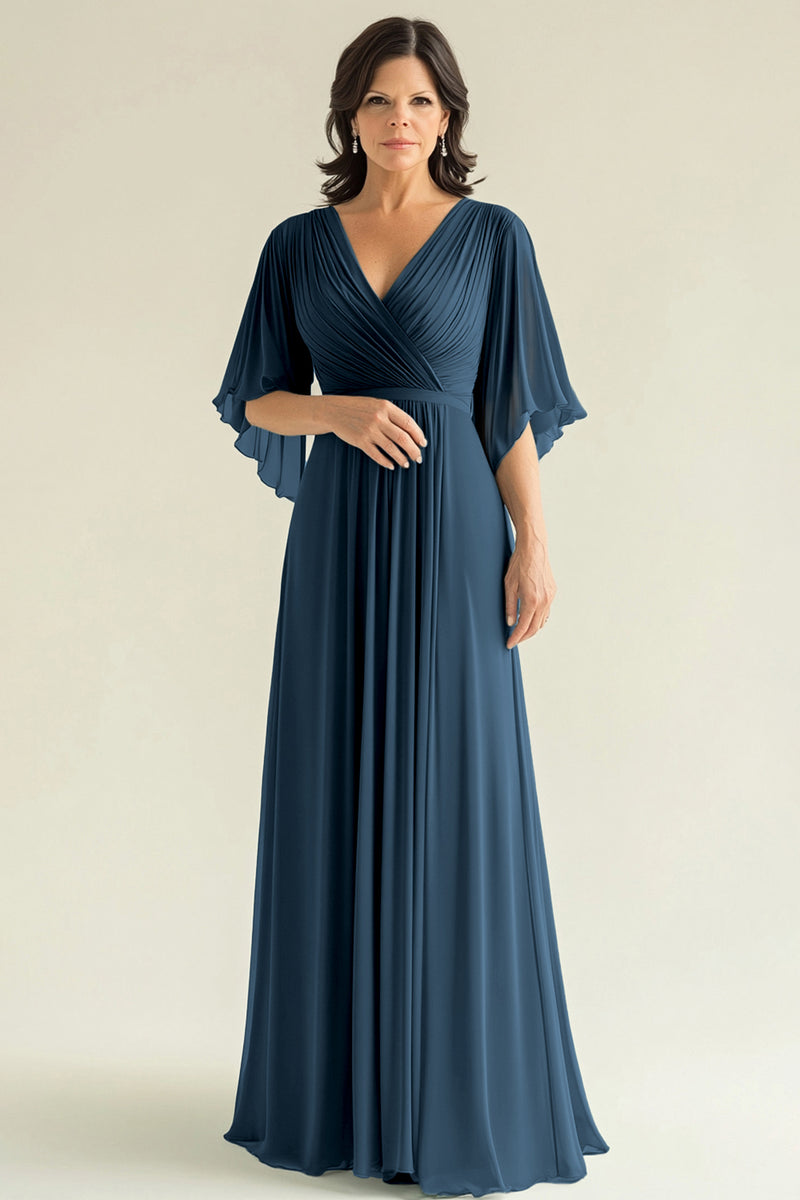 Load image into Gallery viewer, Gold V-Neck A Line Pleated Mother of the Bride Dress