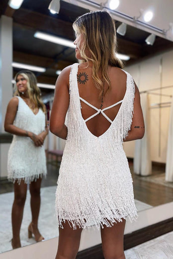 White V-Neck Cross Back Homecoming Dress With Tassel