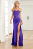 Load image into Gallery viewer, Fuchsia Mermaid Spaghetti Straps Satin Prom Dress with Slit Front