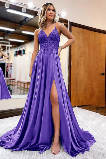 Royal Blue Satin A-Line Appliques Prom Dress with Slit