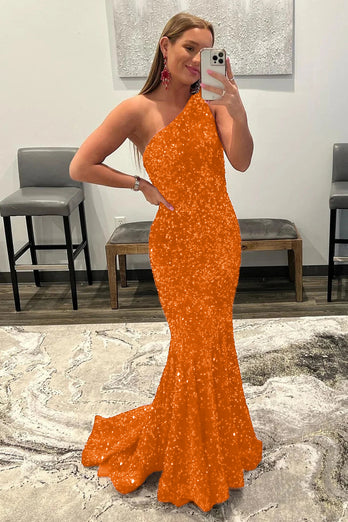 Coral Sequins One Shoulder Mermaid Long Prom Dress