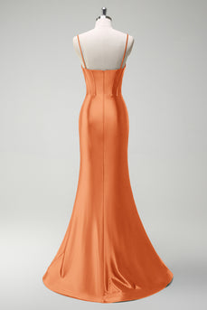 Sparkly Orange Mermaid Beaded Corset Long Satin Prom Dress with Slit