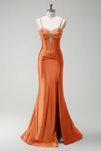 Sparkly Orange Mermaid Beaded Corset Long Satin Prom Dress with Slit