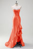 Load image into Gallery viewer, Sparkly Fuchsia Corset Long Satin Prom Dress with Ruffles Slit