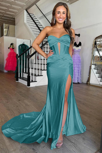 Mermaid Sweetheart Royal Blue Long Coret Prom Dress With Slit