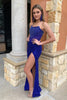 Load image into Gallery viewer, Sparkly Mermaid Royal Blue Strapless Long Prom Dress with Slit