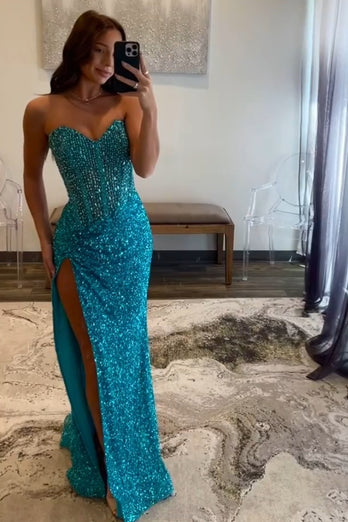 Sparkly Blue Corset Mermaid Long Prom Dress with Beading