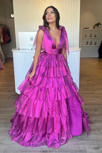 Sparkly Hot Pink A Line V Neck Backless Long Tiered Prom Dress With Slit