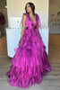 Load image into Gallery viewer, Sparkly Hot Pink A Line V Neck Backless Long Tiered Prom Dress With Slit